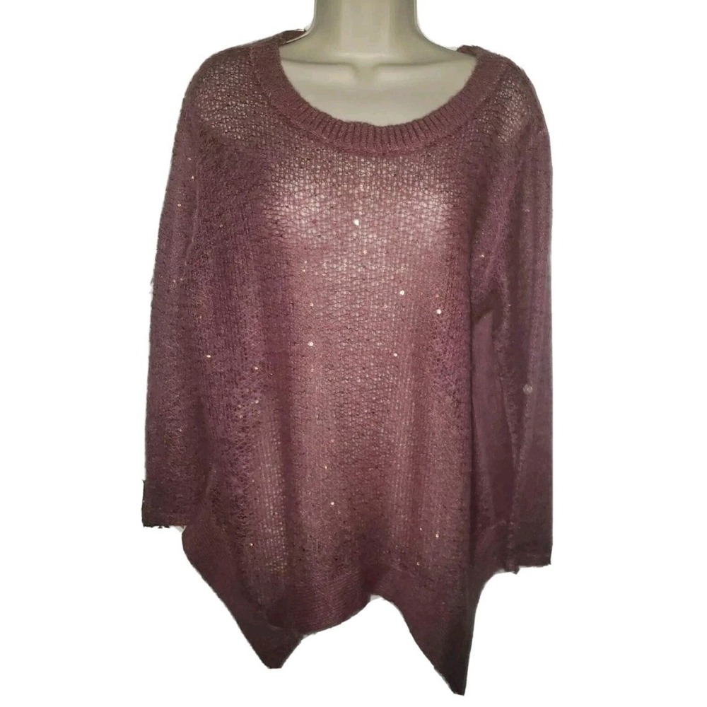 Soft Surroundings Wool Blend Sweater 1/4‎ Button Back Purple w/Gold Sequins Sz L